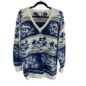 Vintage Horchow Cream Navy Blue Floral Knit V Neck Sweater Womens Large AS IS